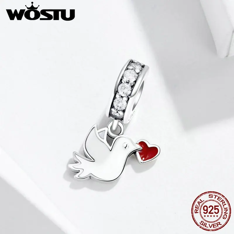 WOSTU сердце с надписью голубь болтается шарм 100% серебряные бусины 925 пробы
