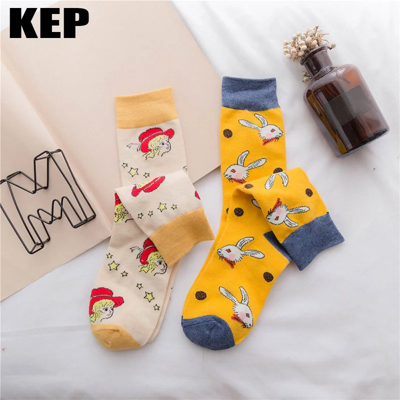 

New Cute Korea Kawaii Painting Cartoon Cotton Socks Women Funny Girls Ladies Rabbit Pattern Novelty Colorful Lovely Socks Female