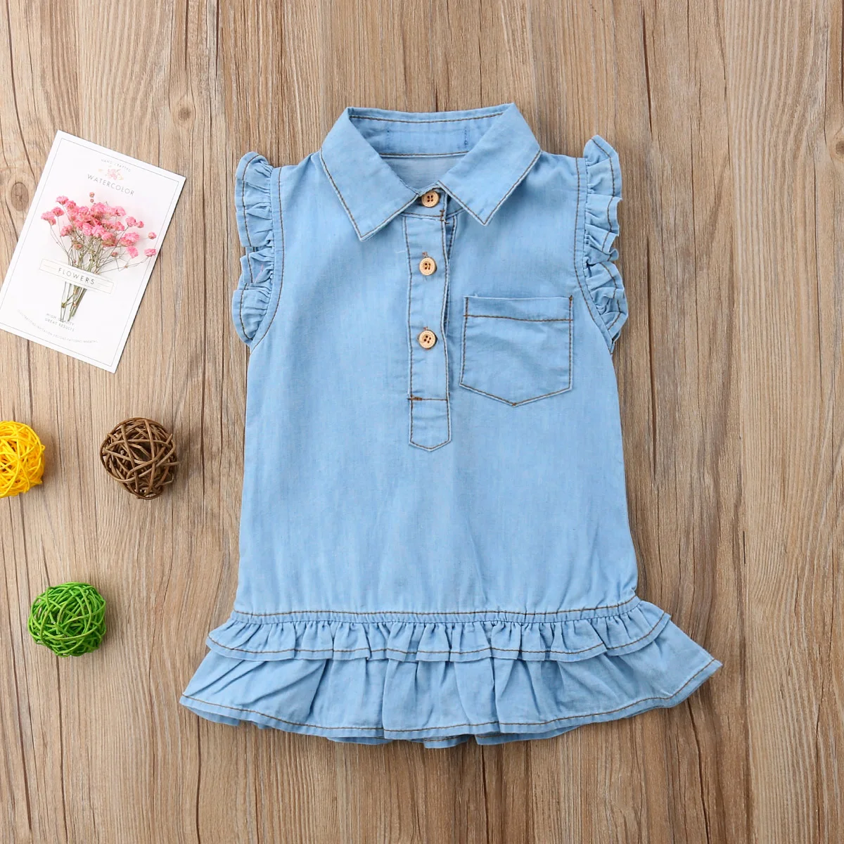 2018 джинсовое платье без рукавов с оборками для маленьких девочек повседневная