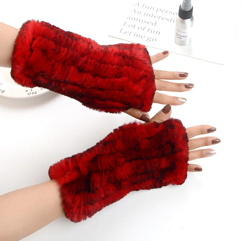 100% женские перчатки из натурального меха зимние теплые вязаные кроличьего