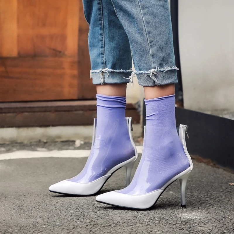 Curvaness Clear Boot Women Transparent High Heels Ankle Boots Zipper Point Toe Lady Booties Fashion Motorcycle Summer 2019 | Обувь