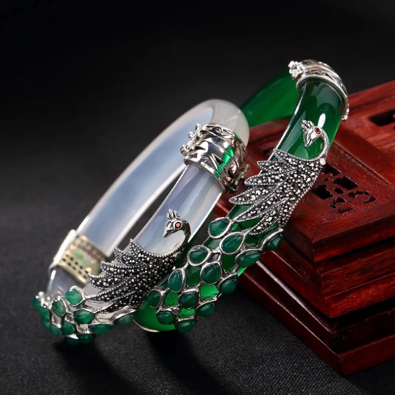S925 Sterling Silver Chalcedony Bangle For Women Thai Vintage Marcasite Peacock White Green Fine Jewelry Jade Bracelet | Украшения и