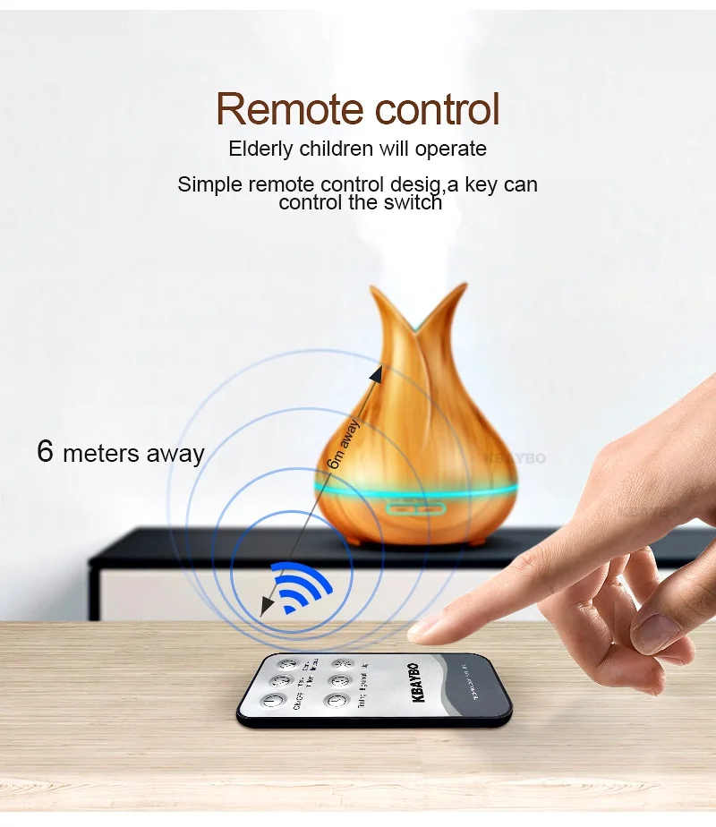 KBAYBO New 400ml Wood Grain Ultrasonic Air Humidifier Electric Aroma Essential Oil Diffuser with 7 Color Changing LED Lights