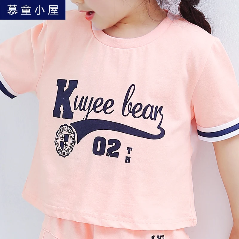 Марка лето хлопок буквы футболка и юбка Детский комплект спортивной одежды для