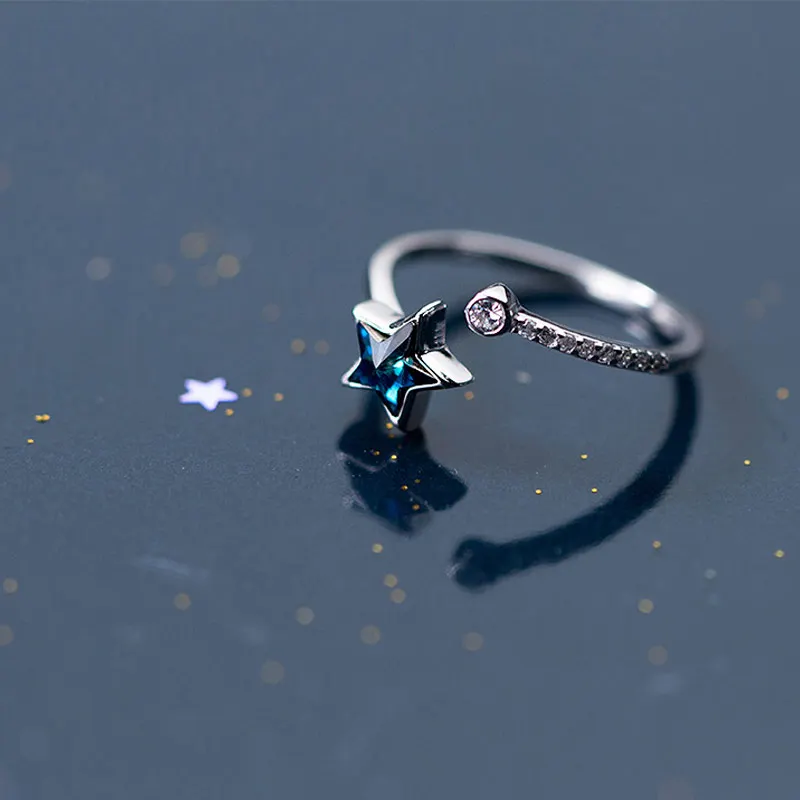 Серебро 925 пробы синий CZ Star открытые, кольца на палец для женщин девочек регулируемое обручальное кольцо Стерлинговое Серебро-ювелирные изделия