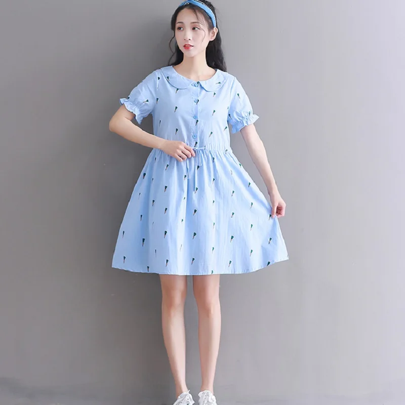 Mori Girl Summer Women Cotton Short Dress Peter Pan Collar Carrot Print Casual String Vestido Femme White Blue Kawaii Mini | Женская