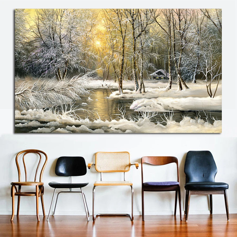 JQHYART настенные художественные Зимние холодные реки ЧУДЕСНЫЕ КАРТИНЫ с деревьями