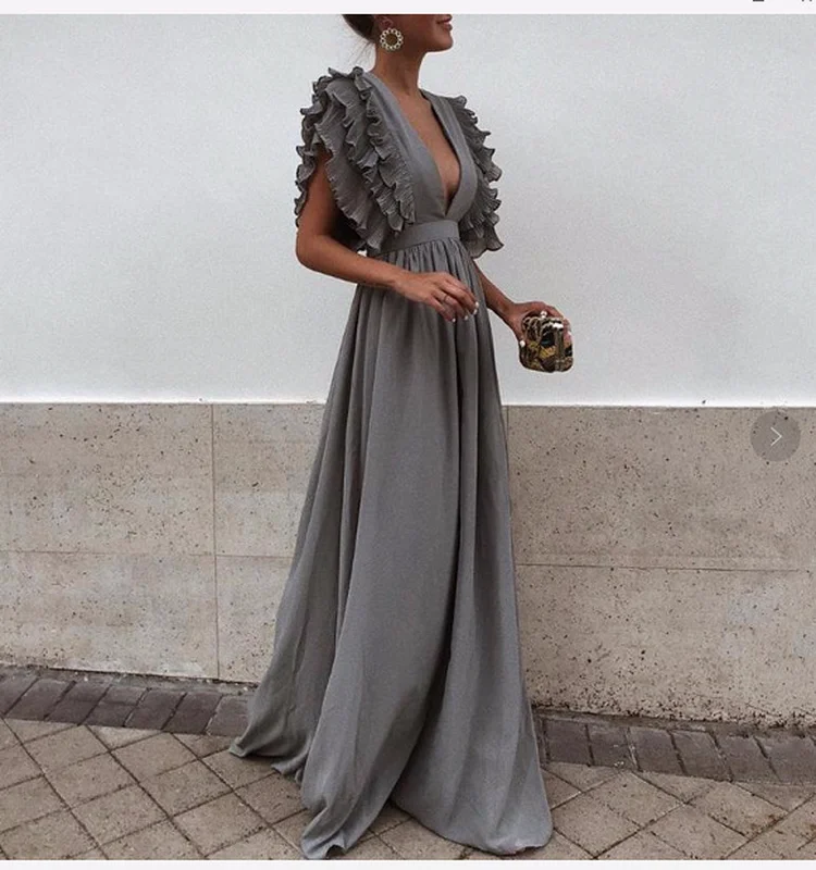 Женское вечернее платье длинное серое с длинным рукавом бабочкой|Женские платья|
