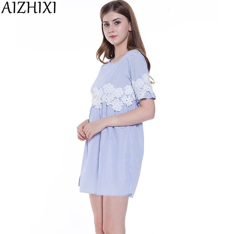 AIZHIXI Цветочная Кружевная аппликация Синий Полосатый Babydoll мини-платье женское 2017