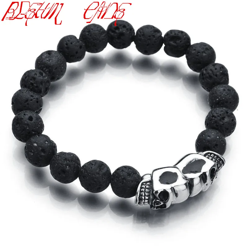 

316L Stainless Steel Volcanic Lava Stone Black Beaded Skull Dragon Bracelets Bangle for Men Jewelry