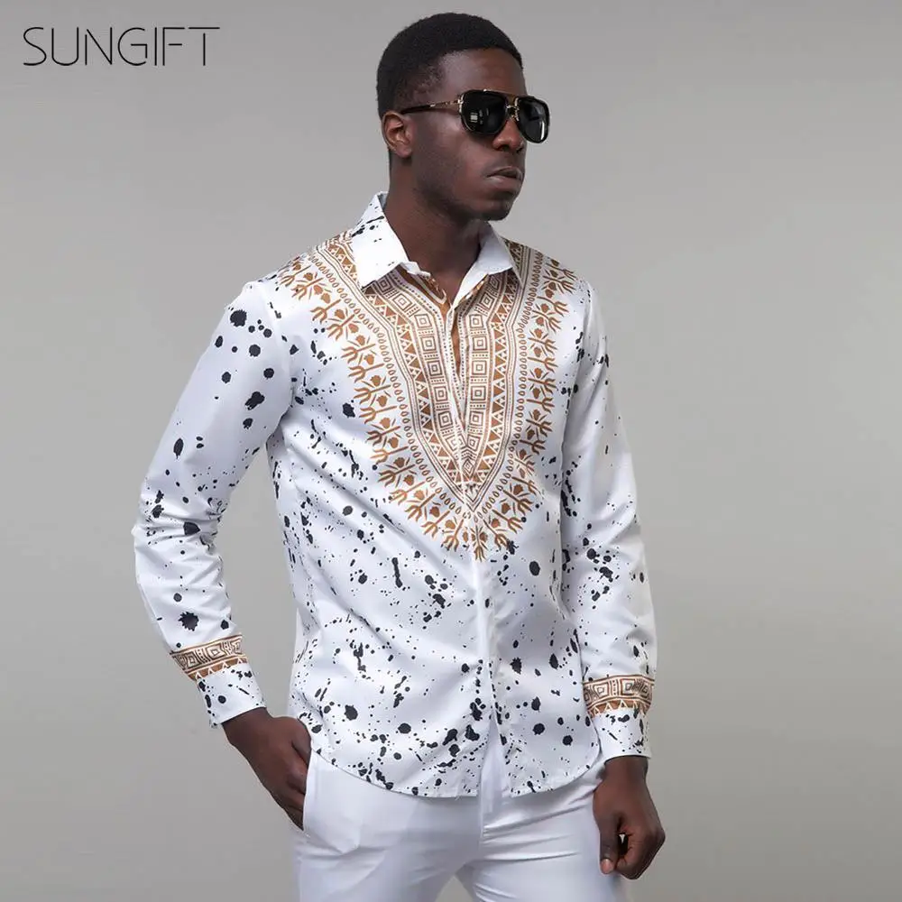 SUNGIFT Африканский Мужской Топ с длинным рукавом Дашики этнический принт топ на