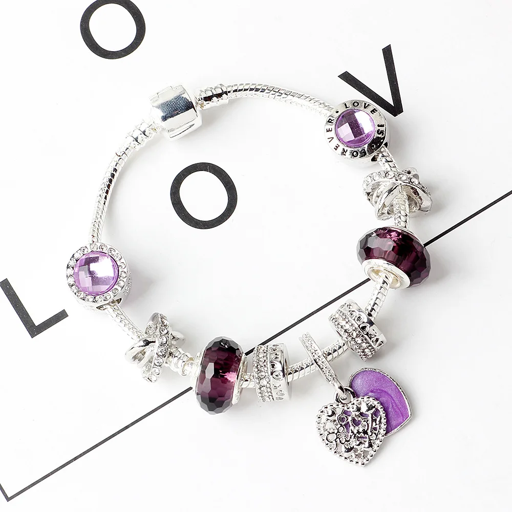 Посеребренный браслет с бусинами Forever Love Family Heart Galaxy Snake Chain базовый