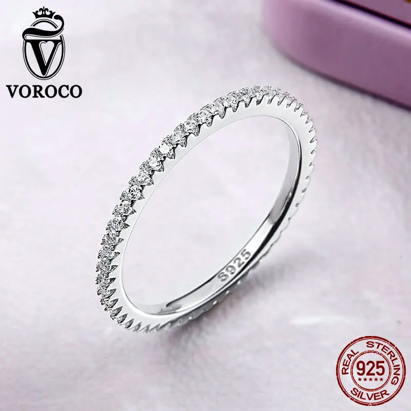 Voroco настоящий 925 пробы Серебряный Простой дизайн круглое обручальное кольцо блестящее прозрачное CZ Кристальное кольцо женские изысканные трендовые ювелирные изделия BKR066