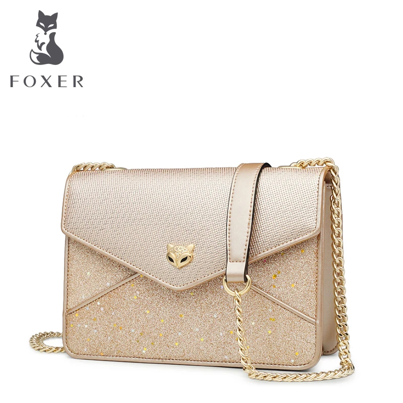 FOXER Brand Girls Gold Chains Message Bag Chic Women Playful Pacthwork Crossbody Bags Female Sequin Flap | Багаж и сумки