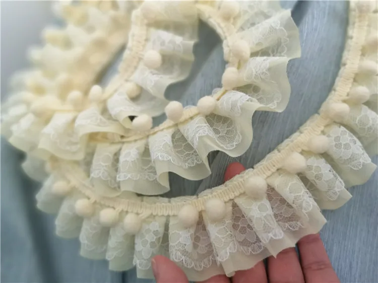 5 см Широкий Двухслойные плиссированные шифон 3D кружево ткань вышитые ленты помпоном гофрированная манжета отделкой для шторы платье Вышивание Декор