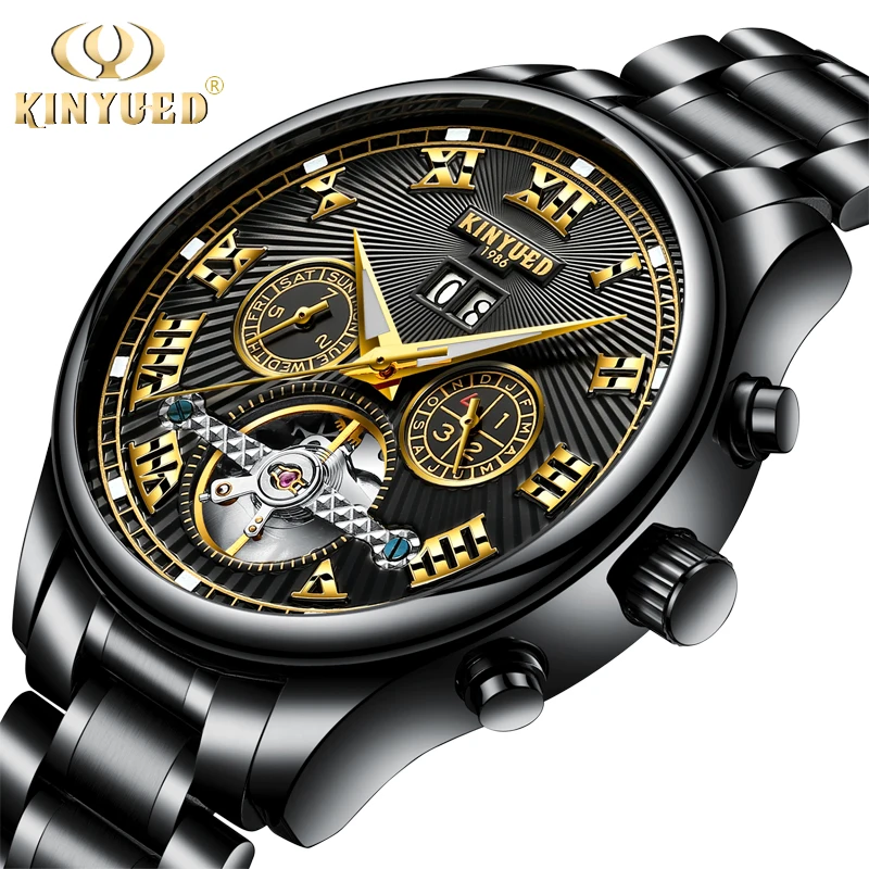 KINYUED черные Автоматические Мужские механические часы Tourbillon полностью Стальные