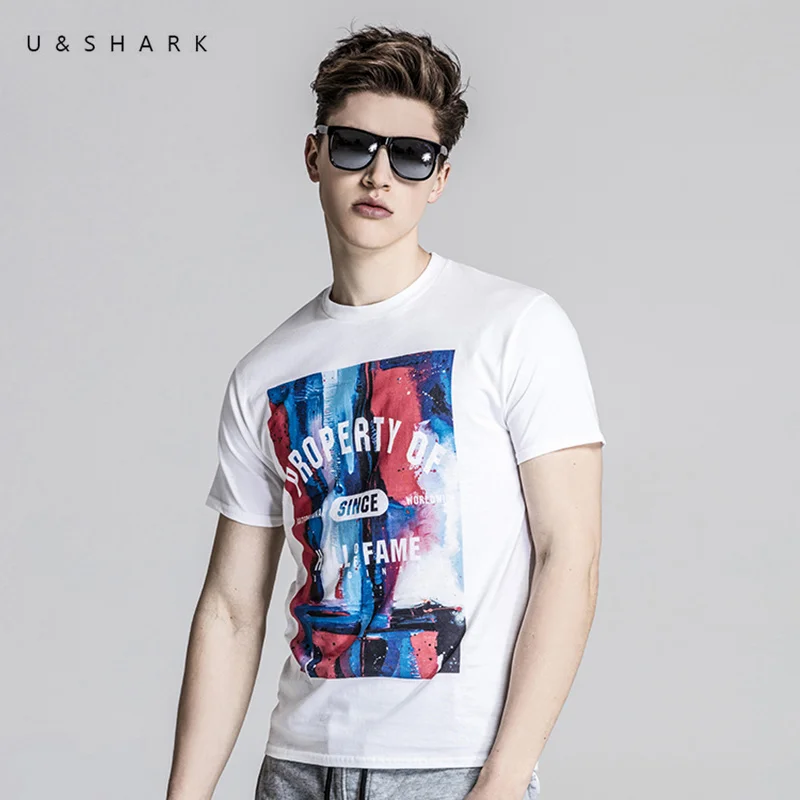U &amp SHARK 2018 уличный стиль белый Принт футболки мужская летняя одежда 100% хлопок с