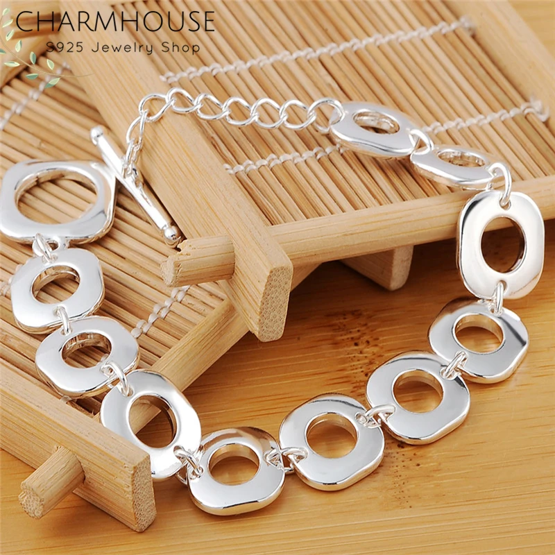 

Charmhouse Solid 925 Silver Bracelets for Women Square Role Chain Bracelet & Bangles Wristband Pulseira Femme Wedding Jewelry