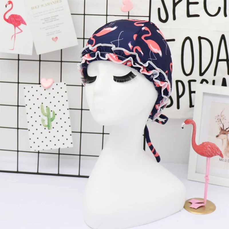 

2019 Handmade Lace Swim Pool Flamingos Pattern Swimming Cap Hat for Women Long Hairs Bathing Cap Beach Caps Large Free size