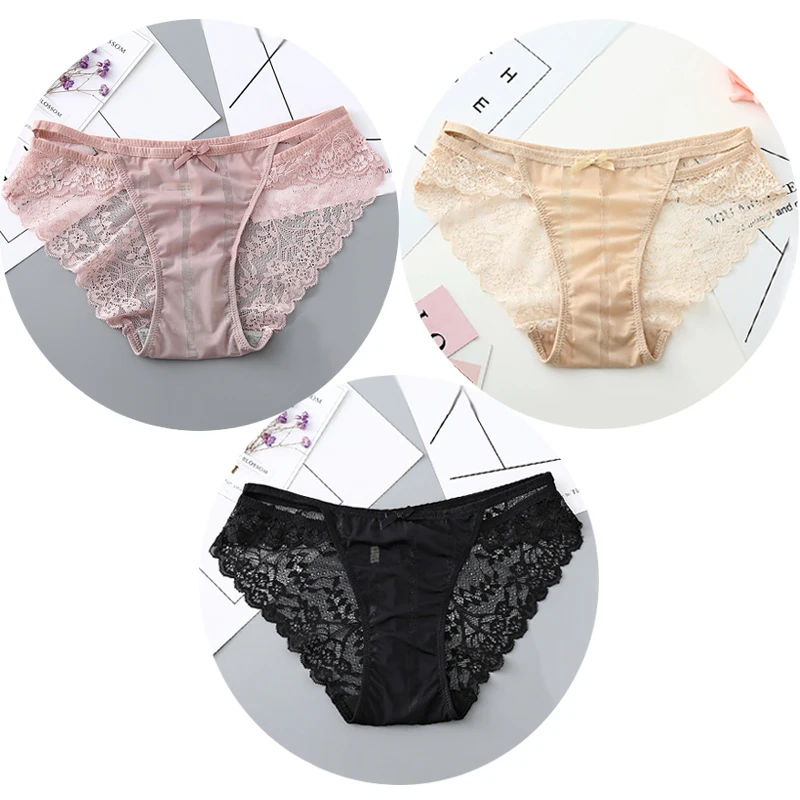 PK SK BK 3 шт., женское нижнее белье, ледяной шелк, дышащий хлопок, нижнее белье, трусики, сексуальное нижнее белье, кружева, низкая посадка, трусики для женщин, открытые трусы - Цвет: PK SK BK