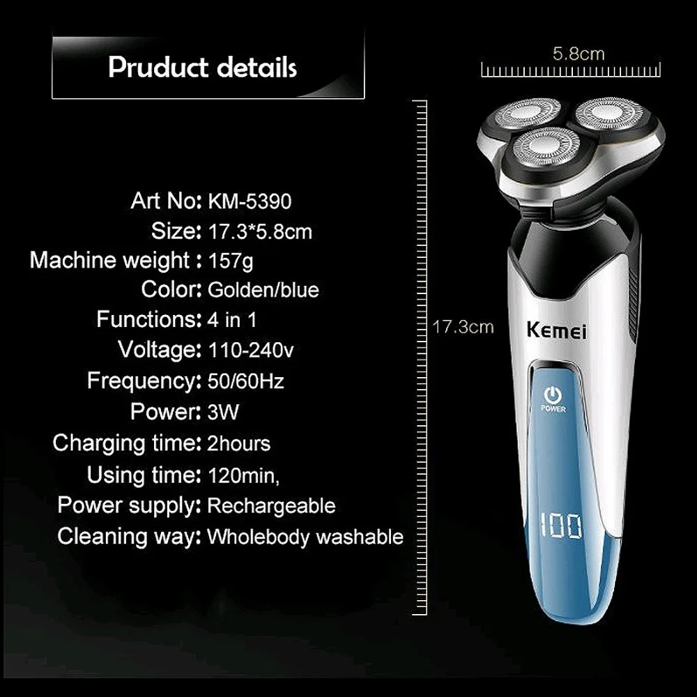 Kemei KM-5390, 4 в 1, электробритва, моющийся триммер для волос в носу, электрическая бритва, Мужская бритвенная машина, набор для ухода за лицом, очищающее средство