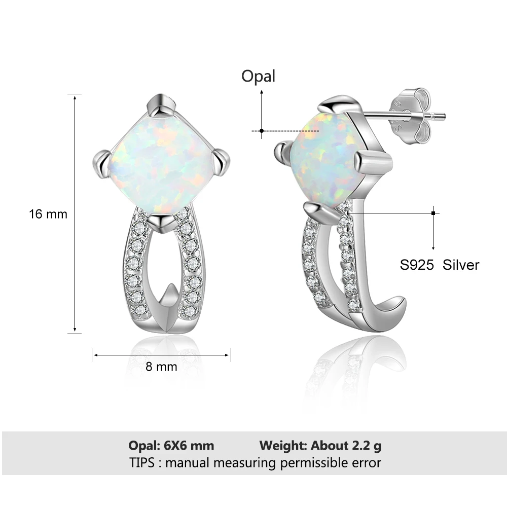 

925 Sterling Silver Square White Opal Stud Earrings for Women Clear CZ Zirconia Wedding Earrings for Women