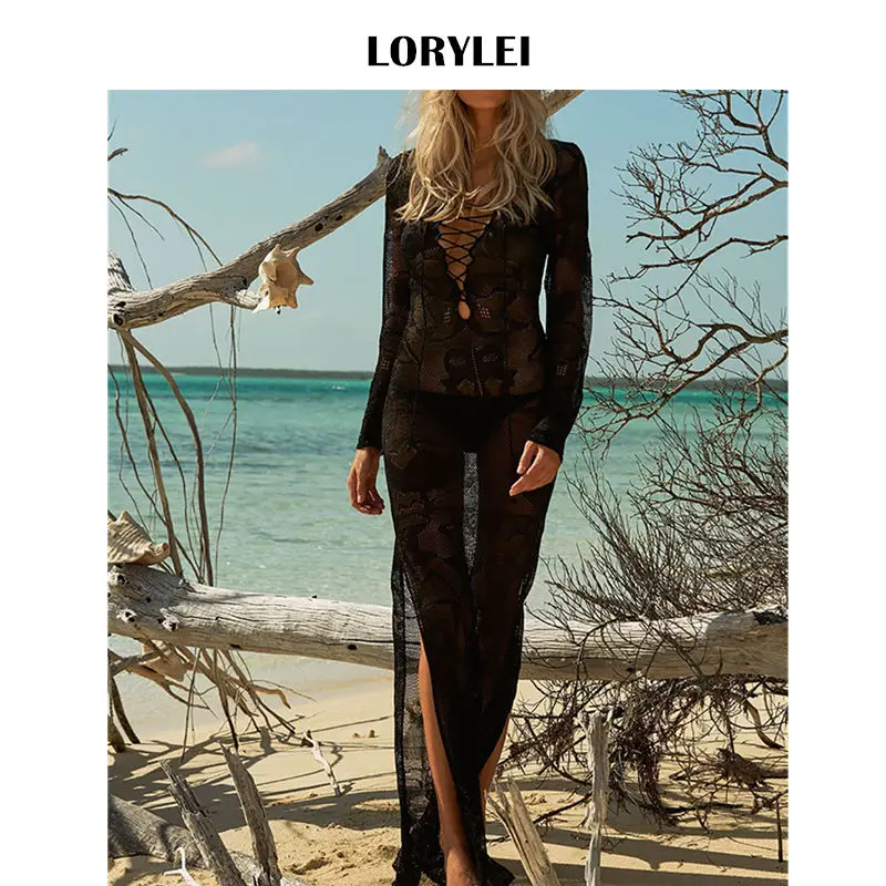 Сексуальное пляжное платье туника на шнуровке с глубоким вырезом элегантное