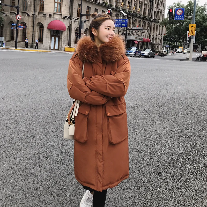 Парка с большим воротником и мехом Женская куртка карманами утепленное пальто