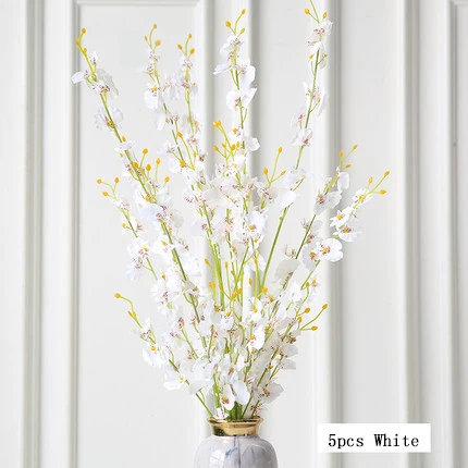 5pcs white Длинный Стебель Вишни в Цвету. Искусственные Цветы Букет Красный Желтый Розовый Белый Танцующий Цветок Орхидеи для Дома партия Украшение Стола - Цвет: 5pcs white