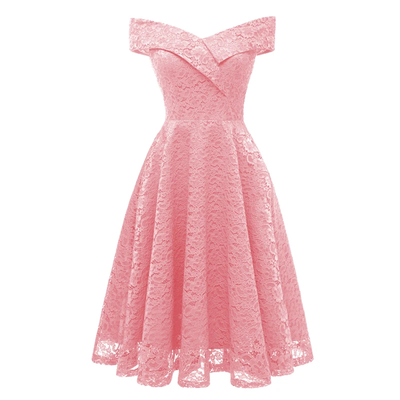 

Fanco Summer Autumn Women Sexy Slim Elegant Hollow Out Solid Color Lace Pink Party Dresses Female Vintage A-Line