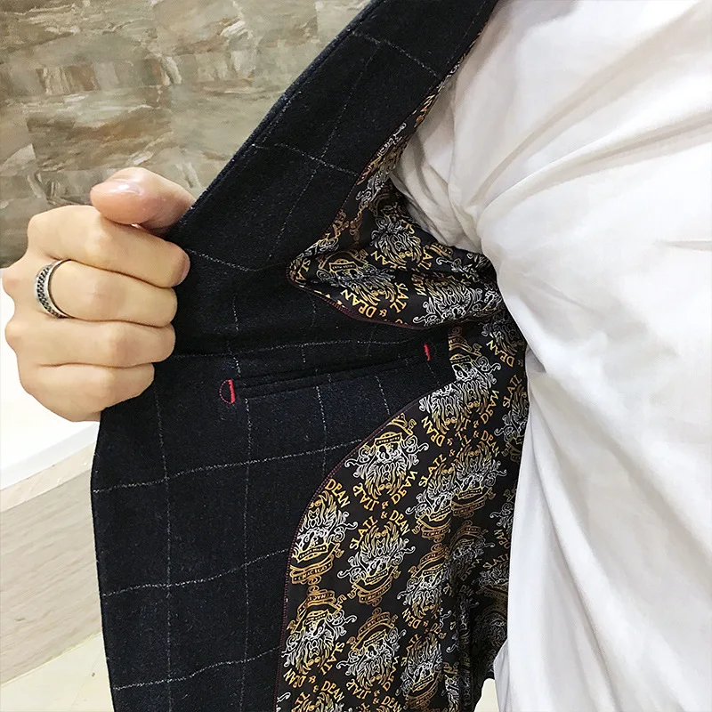 

Mens British Business Casual Slim Fit Plaid Suits Blazers Male 2 Piece(Blazer + pants) handsome Wedding Groom Dress Suit