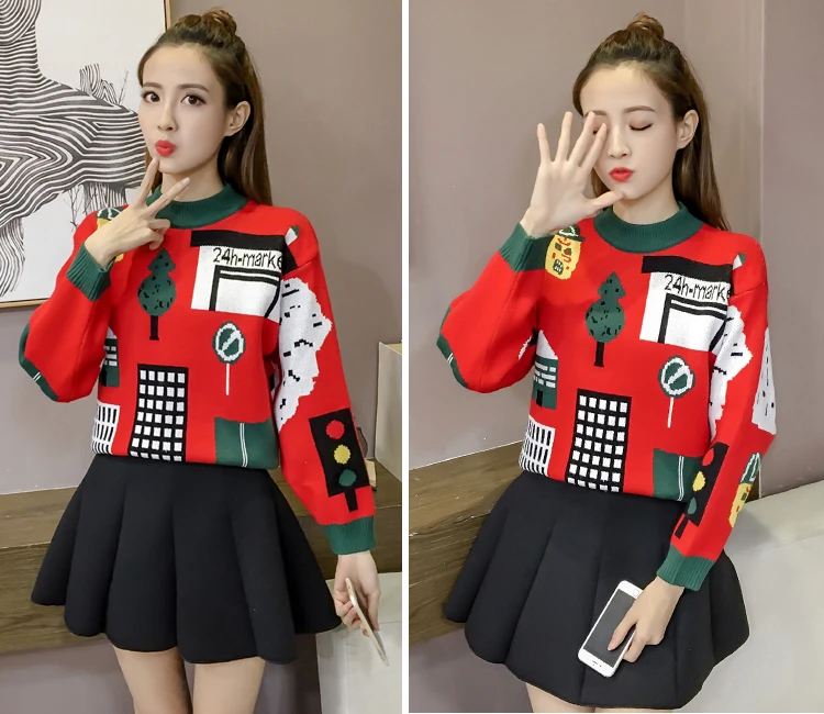 Autumn Winter Christmas Sweater Women Harajuku Print Pullover Half Turtleneck Knitted Sweaters Jumpers Pull truien dames MY788 | Женская