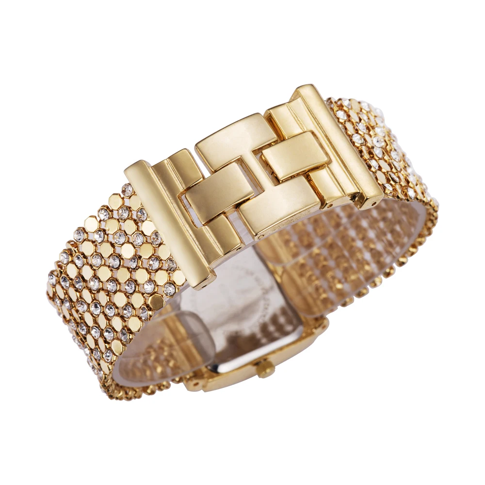 

New Top Girls Dress Luxury Gold Bracelet Quartz Watch Crystal Rectangle Case Steel Mosaics Chain Strap Ladies Wristwatches Gift