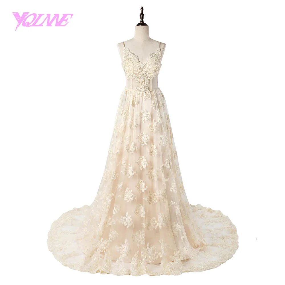 YQLNNE Шампанское Кружева свадебное платье спагетти спинки Vestido De Noiva