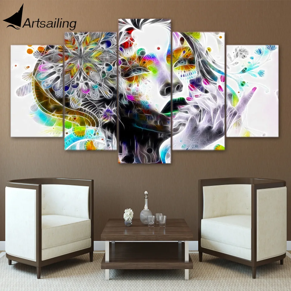 

ArtSailing 5 panel wall art on canvas home decoration accessories modern psychedelic woman fractal trosik art print ny-2729