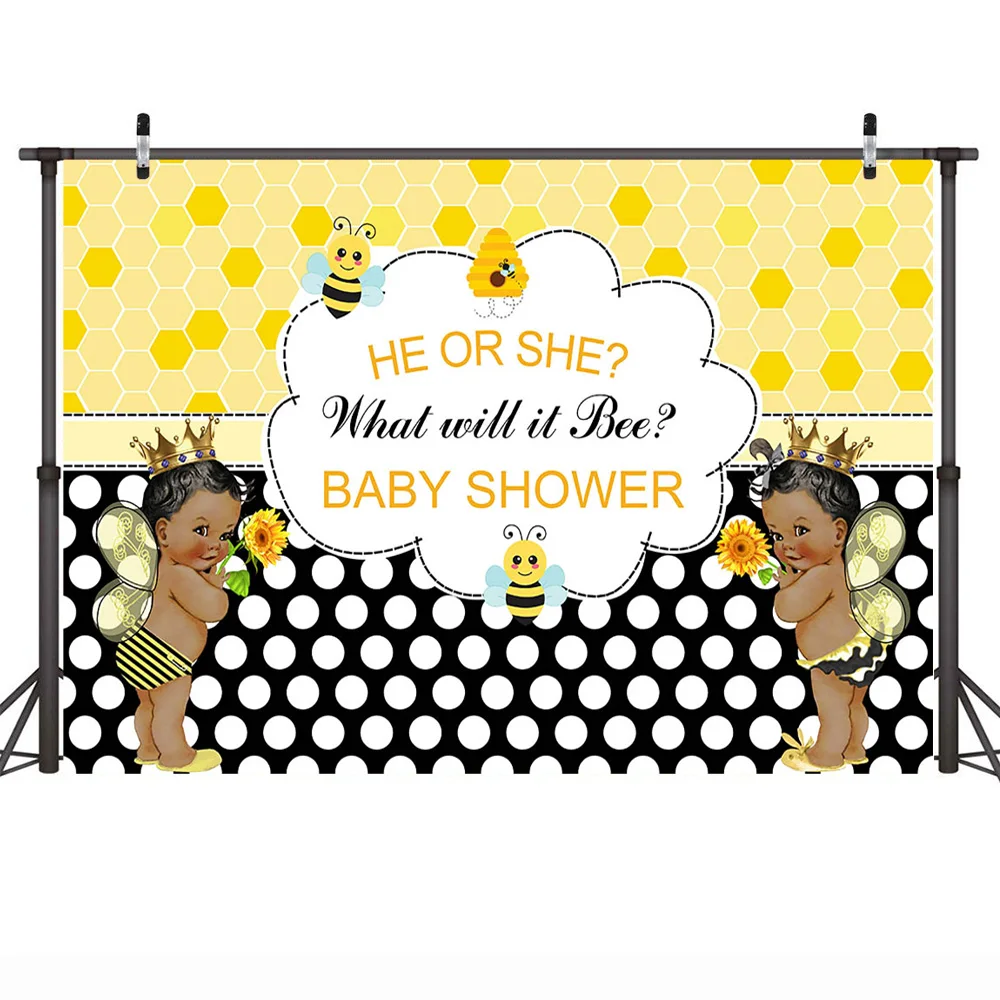 Mehofoto Baby Shower Backdrop for Photography Gender Reveal Theme Background Prince or Princess Newborn Bee Yellow and Black enlarge
