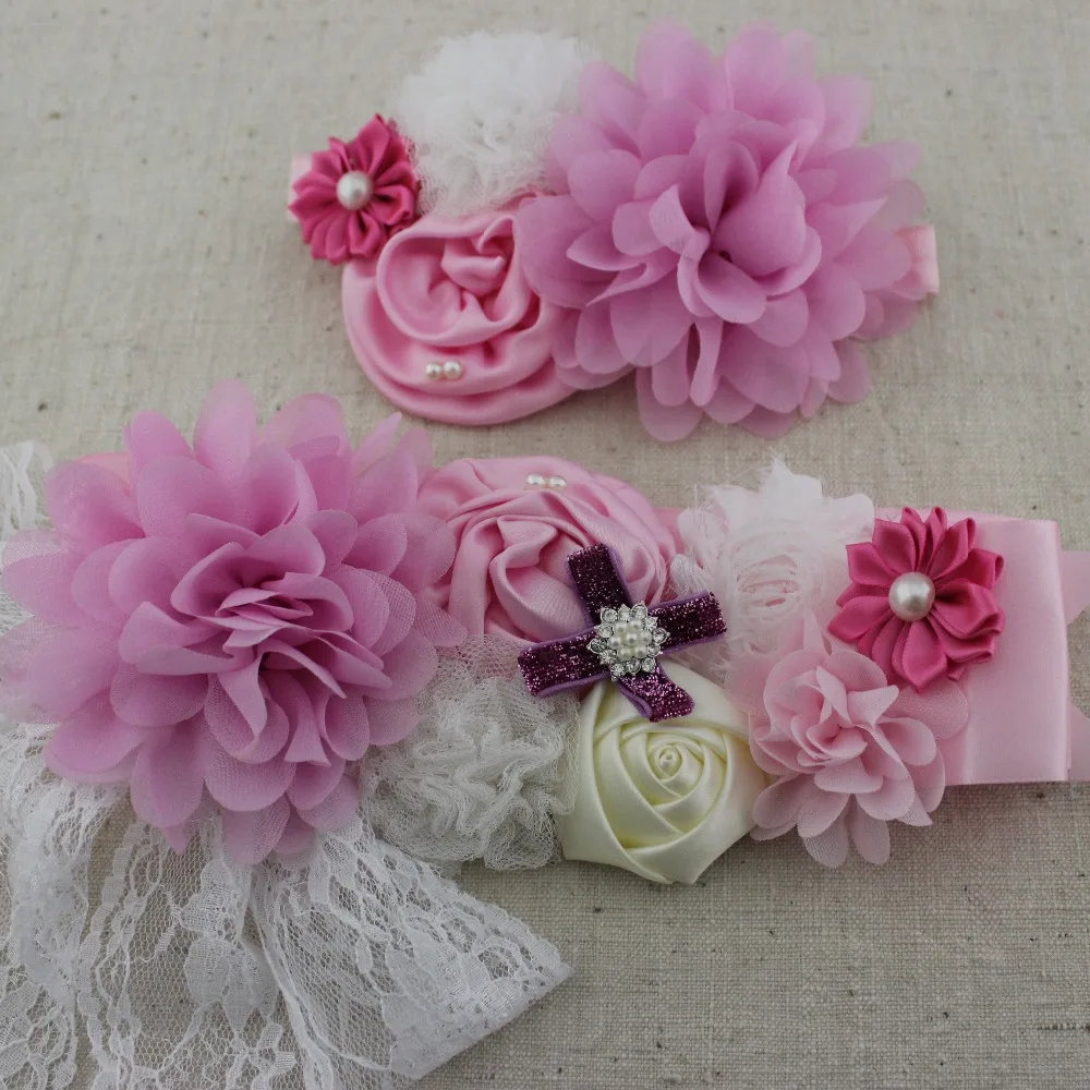 Pink Girls Headbands Lace Chiffon Satin Flower Sash Belt with Pearl Mathcing Hairband women bridal accessory