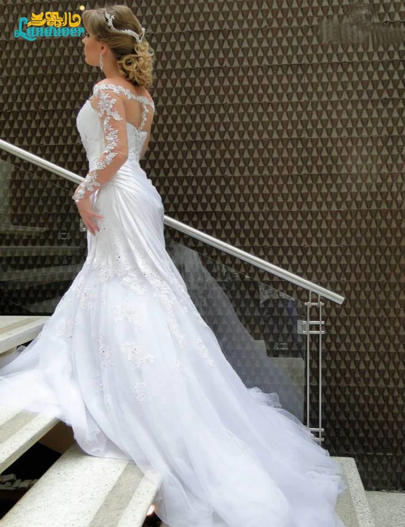 Сексуальные длинные рукава Свадебные Платья 2017 русалка Аппликация Кружева Из
