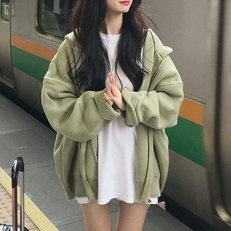 2019 Chic new fashion women's sweater Korean version of the hooded lace knit zipper solid color for women thick warm |