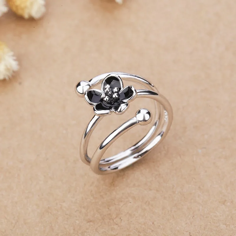 

Trendy 925 sterling silver Drip Oil Black Rose Flower Adjustable Rings for Girl Open Ring Women Sterling Silver Jewelry