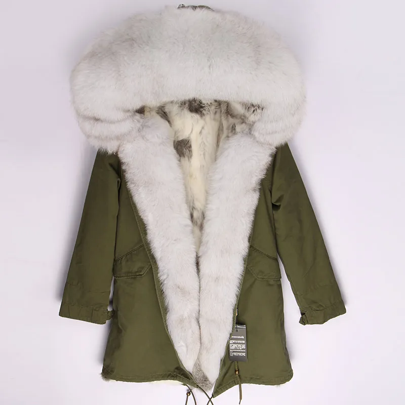 Женская парка с мехом кролика длинная теплая зимняя куртка капюшоном и