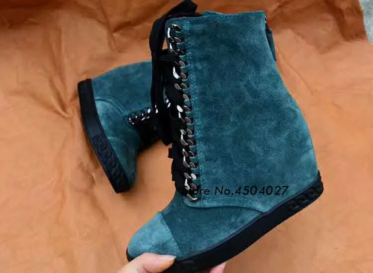 color 8 Женские Модные ботильоны на скрытой танкетке со скрытой молнией сзади; короткие ботинки на шнуровке с металлической цепочкой, увеличивающие рост - Цвет: color 8