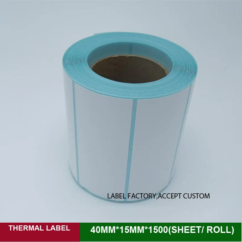 Thermal label paper rolls printed 40*15mm*1500 sheets non drying stickers for price tag with barcode surppot self brand logo|stickers brand|stickers