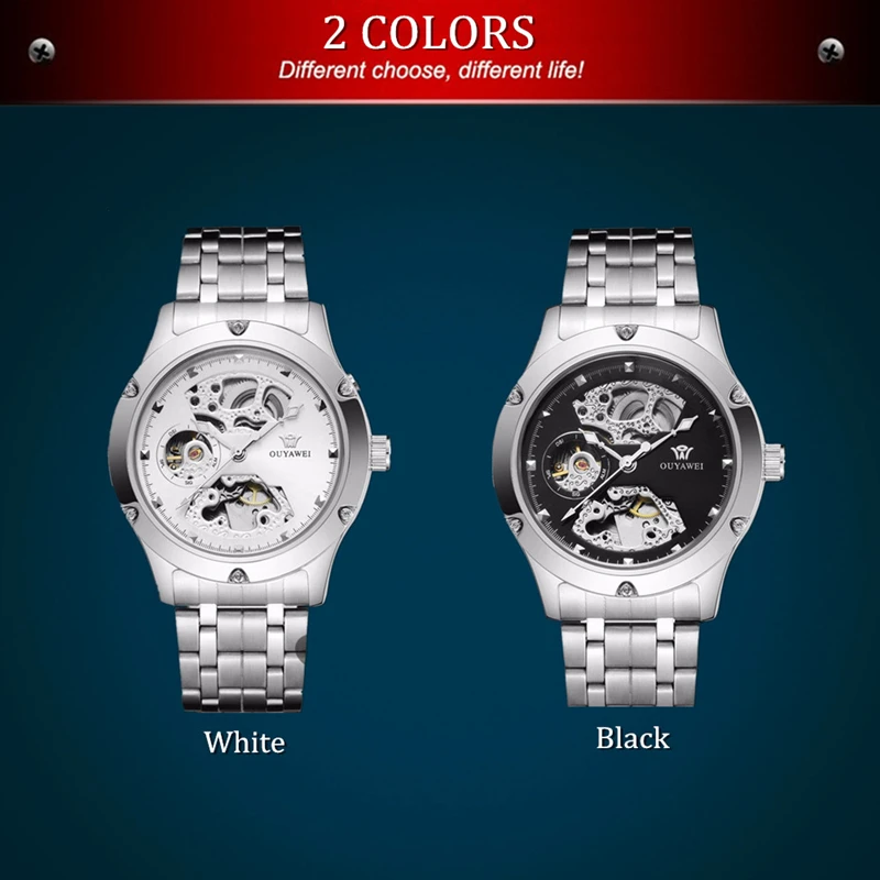 

OUYAWEI 2016 Fashion Self Wind Mechanical Men Wristwatch Full steel band Black Military Business Waterproof Watch reloj hombre