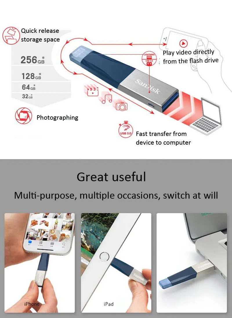 Флеш-накопитель SANDISK USB3.0 64GB 128GB 256GB Micro Usb флеш-накопитель Lightning/Otg Usb флеш-накопитель для iPhone/iPad/iPod Memory Stick