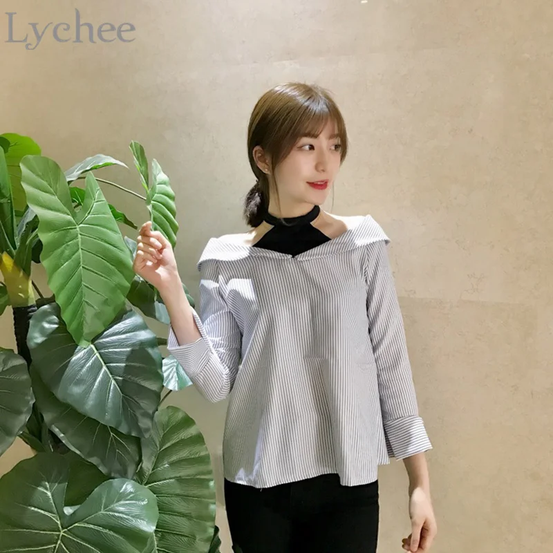 Lychee Spring Autumn Women Blouse Stripe Fake Two Pieces Halter Off Shoulder Casual Loose Long Sleeve Shirt | Женская одежда