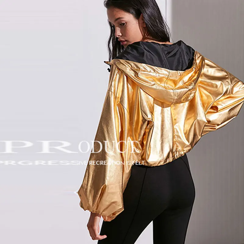 Простая яркая Золотая куртка с капюшоном 2019 весенняя Женская свободная плюс