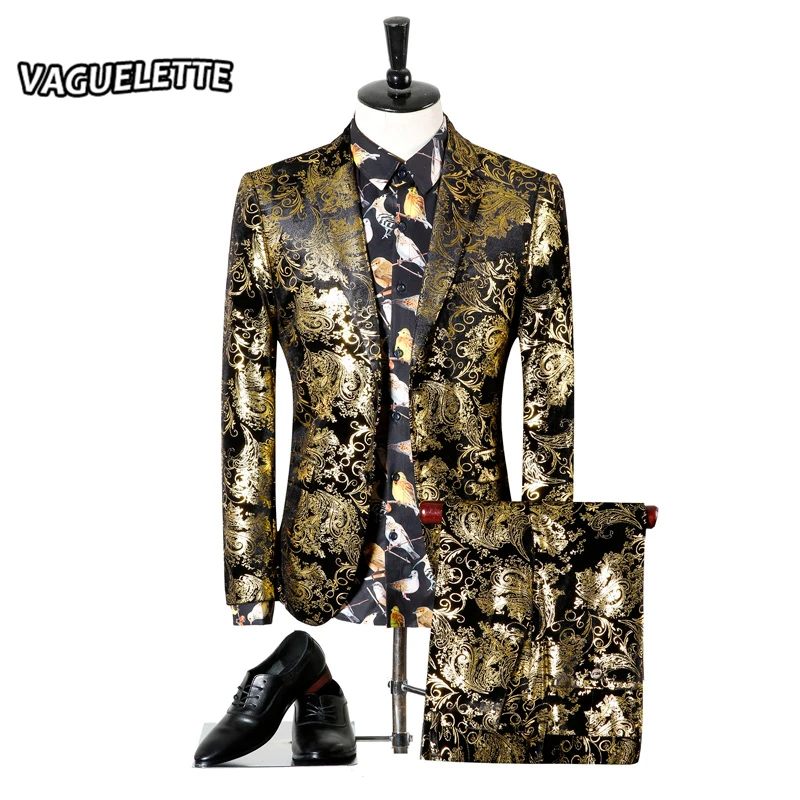 Men Wedding Suit Printed Paisley Floral Black Gold Tuxedo Stage Costumes For Singer Slim Fit Male Suit With Pants M-3XL