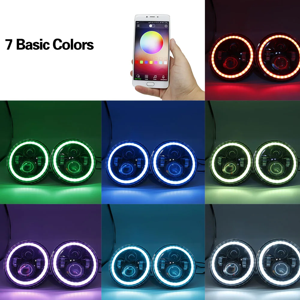 RGB Halo 7 дюймов светодиодные фары-подключи и играй светодиодные ангельские глазки фары с Bluetooth для Jeep Wrangler CJ TJ JK Лада Нива 4x4