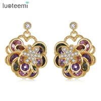 luoteemi new luxurious big flower stud earrings champagne gold color multicolor zircon brincos for women wedding jewelry gift